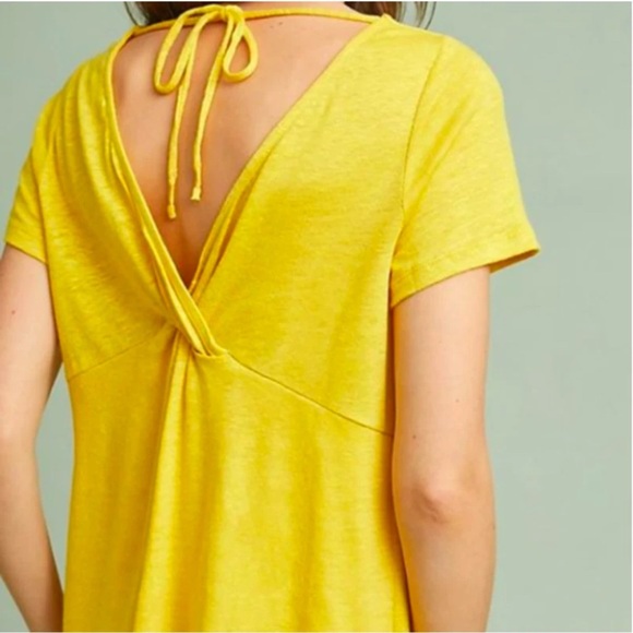 MAEVE Anthropologie Yellow Horizon Top Sz S 100% Linen Tee Crossover Tie Back - Picture 2 of 9